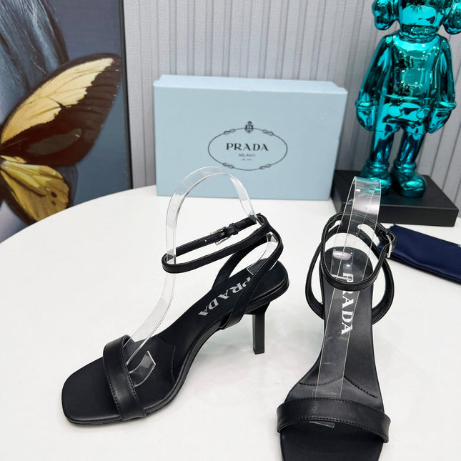 PRADA 26S ANKLE STRAP SANDALS STILETTO HEEL 80MM IN BLACK CALFSKIN