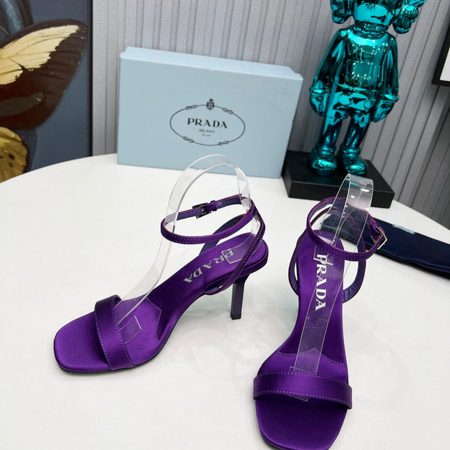 PRADA 26S ANKLE STRAP SANDALS STILETTO HEEL 80MM IN DEEP PURPLE SATIN