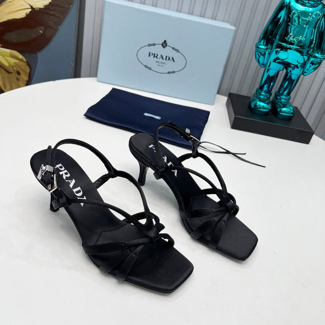 PRADA 26S STRAPPY SANDALS STILETTO HEEL 60MM IN BLACK SATIN