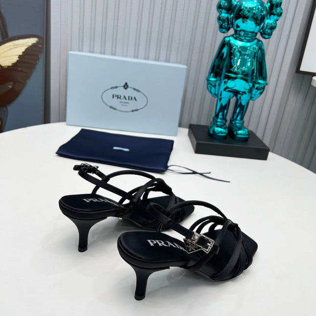 PRADA 26S STRAPPY SANDALS STILETTO HEEL 60MM IN BLACK SATIN