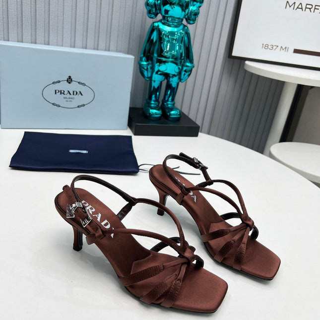 PRADA 26S STRAPPY SANDALS STILETTO HEEL 60MM IN DARK BROWN SATIN