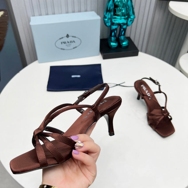 PRADA 26S STRAPPY SANDALS STILETTO HEEL 60MM IN DARK BROWN SATIN