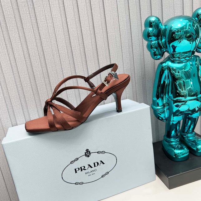 PRADA 26S STRAPPY SANDALS STILETTO HEEL 60MM IN DARK BROWN SATIN