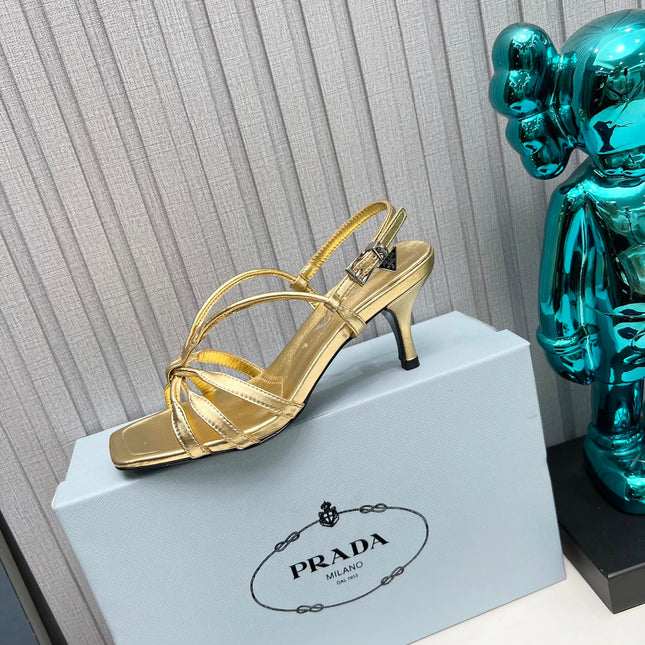 PRADA 26S STRAPPY SANDALS STILETTO HEEL 60MM IN GOLD CALFSKIN