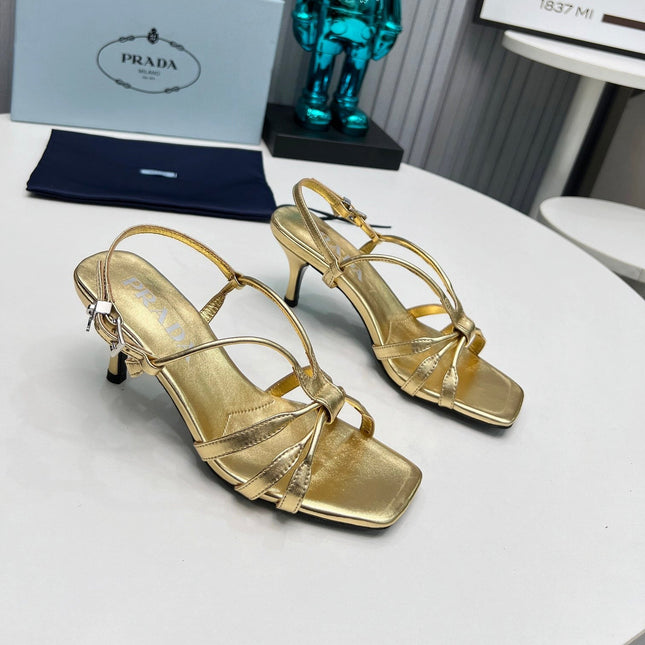 PRADA 26S STRAPPY SANDALS STILETTO HEEL 60MM IN GOLD CALFSKIN