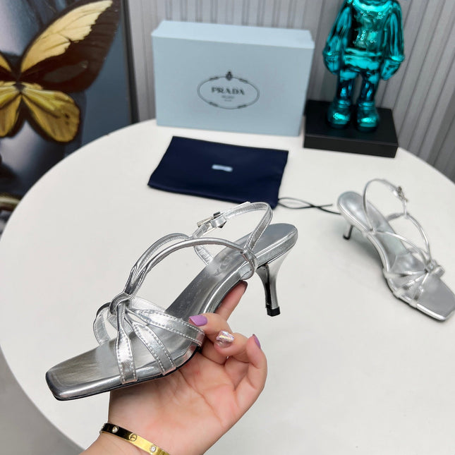 PRADA 26S STRAPPY SANDALS STILETTO HEEL 60MM IN SILVER CALFSKIN