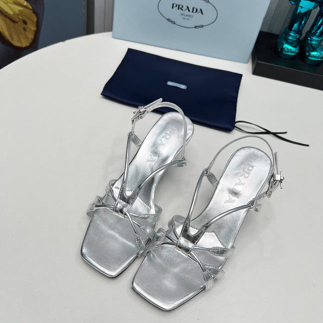 PRADA 26S STRAPPY SANDALS STILETTO HEEL 60MM IN SILVER CALFSKIN