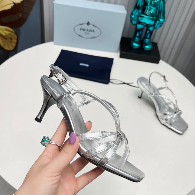 PRADA 26S STRAPPY SANDALS STILETTO HEEL 60MM IN SILVER CALFSKIN