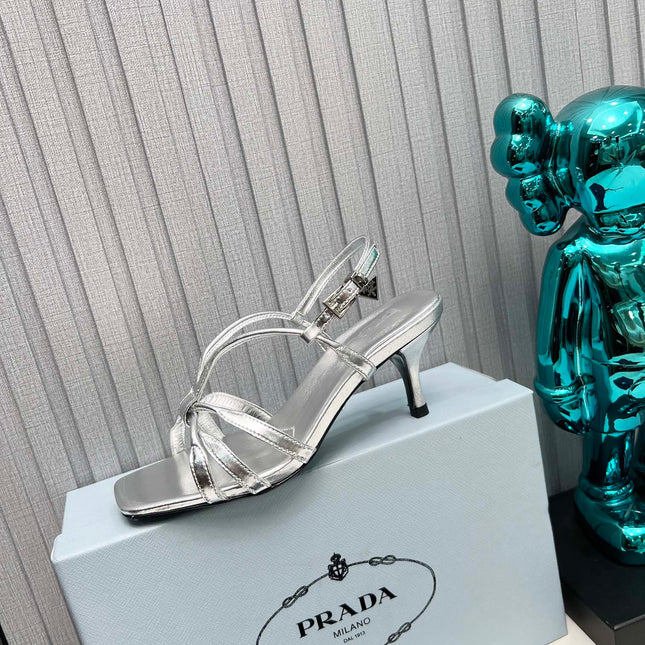 PRADA 26S STRAPPY SANDALS STILETTO HEEL 60MM IN SILVER CALFSKIN
