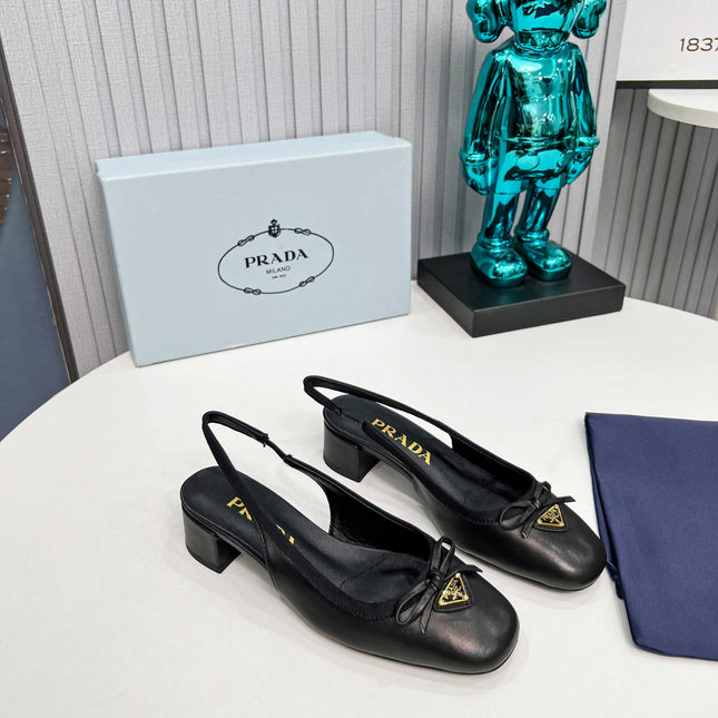 PRADA 26S ROUND TOE SLINGBACK PUMPS 40MM IN BLACK CALFSKIN WITH BOW