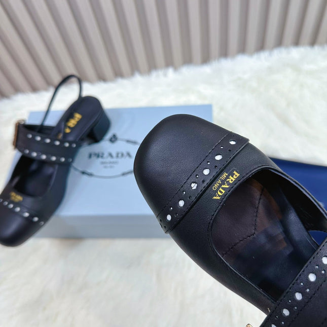 PRADA 26S SQUARE TOE STUDDED SLINGBACK BLOCK HEEL 40MM IN BLACK CALFSKIN
