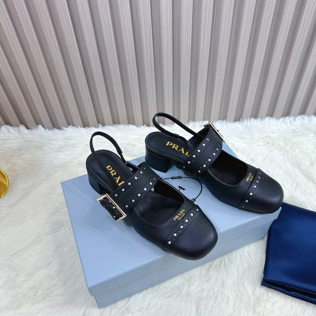 PRADA 26S SQUARE TOE STUDDED SLINGBACK BLOCK HEEL 40MM IN BLACK CALFSKIN