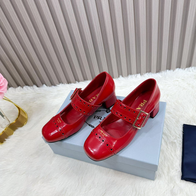 PRADA 26S SQUARE TOE STUDDED SLINGBACK BLOCK HEEL 40MM IN DARK RED PATENT CALFSKIN