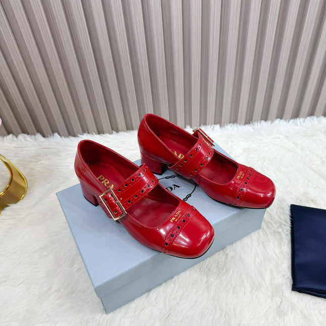 PRADA 26S SQUARE TOE STUDDED SLINGBACK BLOCK HEEL 40MM IN DARK RED PATENT CALFSKIN