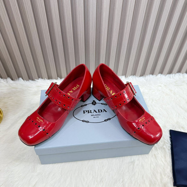 PRADA 26S SQUARE TOE STUDDED SLINGBACK BLOCK HEEL 40MM IN DARK RED PATENT CALFSKIN