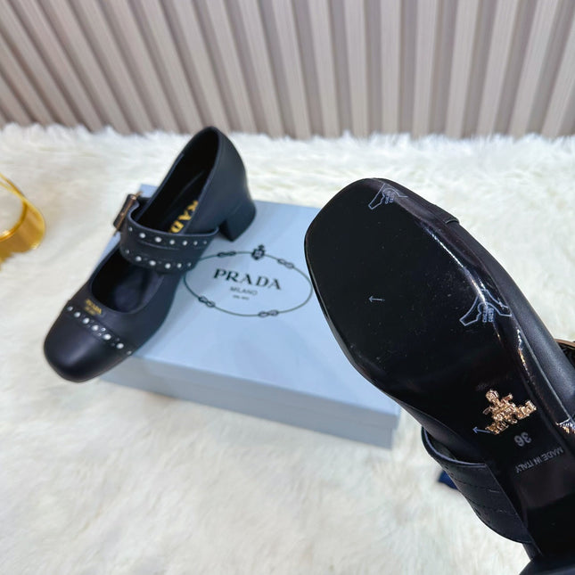 PRADA 26S ROUND TOE MARY JANE 40MM IN BLACK CALFSKIN WITH STUD DETAIL