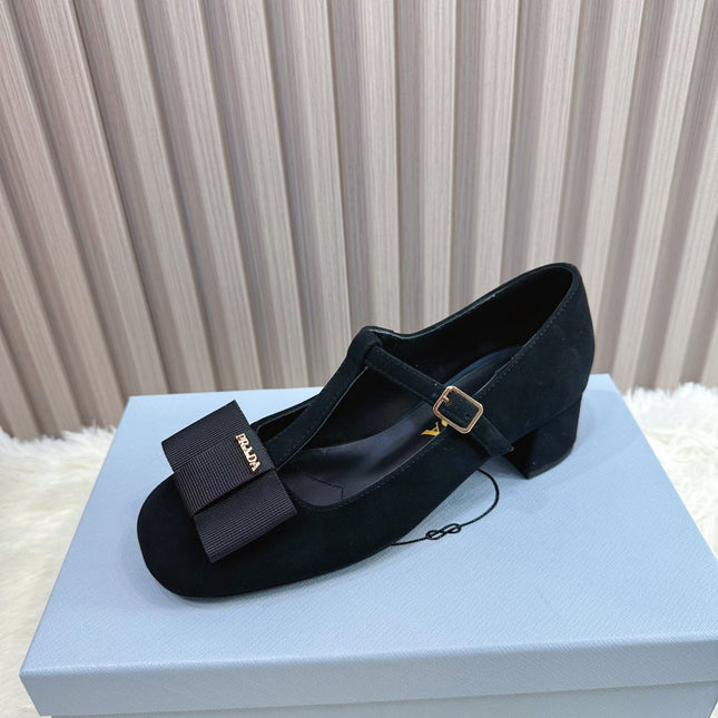 PRADA 26S T-STRAP MARY JANE PUMPS 40MM IN BLACK SUEDE WITH BOW