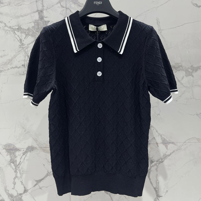 FENDI 26S SHORT-SLEEVE KNIT POLO TOP 356