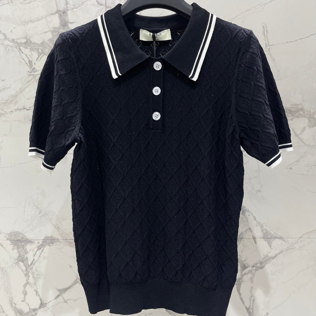 FENDI 26S SHORT-SLEEVE KNIT POLO TOP 356