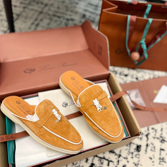 Loro Piana Salmon White Suede Charms Walk Flat Mules