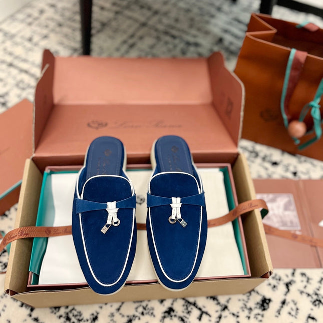 Loro Piana Dark Blue White Suede Charms Walk Flat Mules