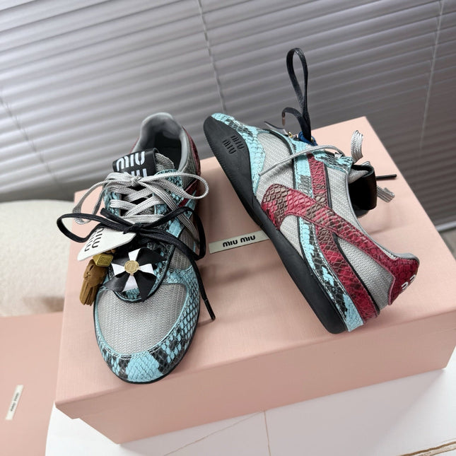 MIUMIU 26S GYMNASIUM SNEAKER IN SILVER FABRIC AND TURQUOISE BLUE SNAKE EFFECT CALFSKIN