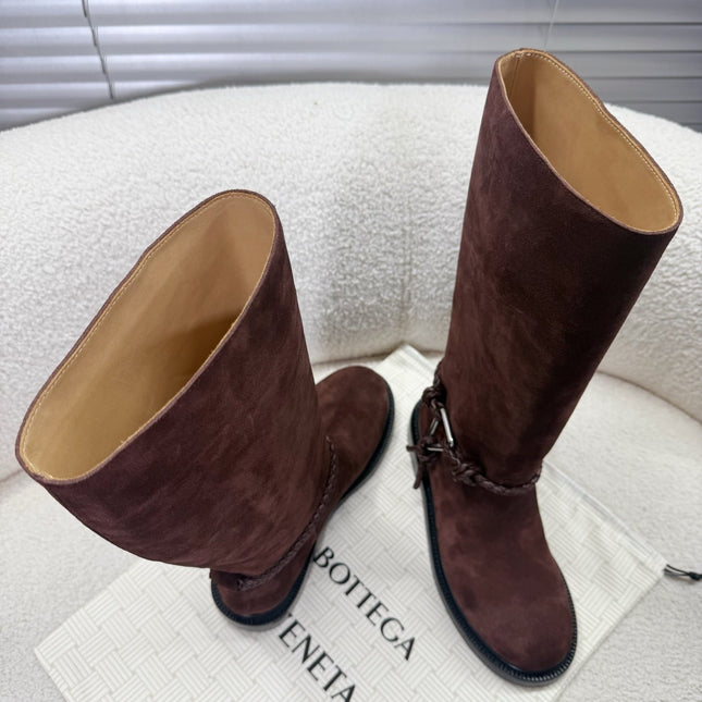 BOTTEGA VENETA 26S TALL BOOTS IN BROWN SUEDE WITH ROPE DETAIL