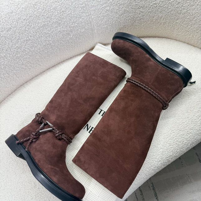 BOTTEGA VENETA 26S TALL BOOTS IN BROWN SUEDE WITH ROPE DETAIL