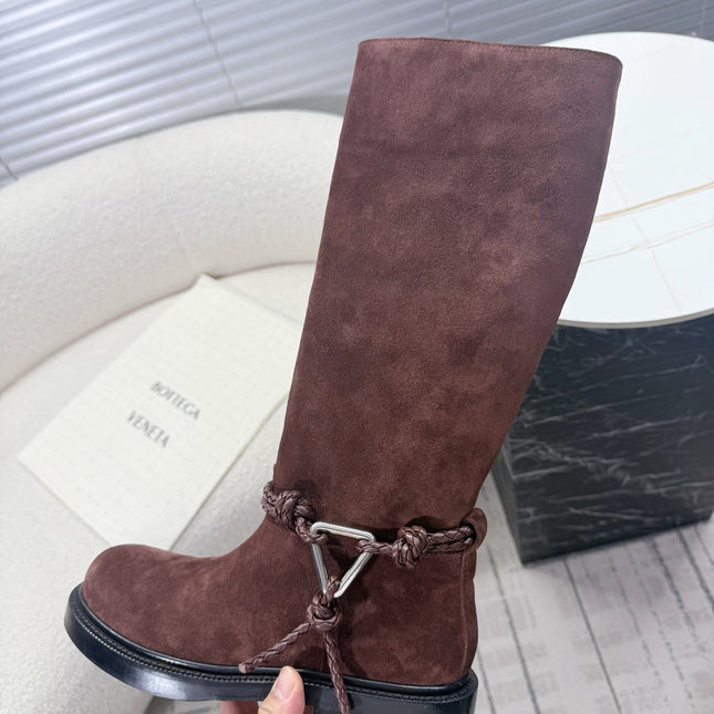 BOTTEGA VENETA 26S TALL BOOTS IN BROWN SUEDE WITH ROPE DETAIL