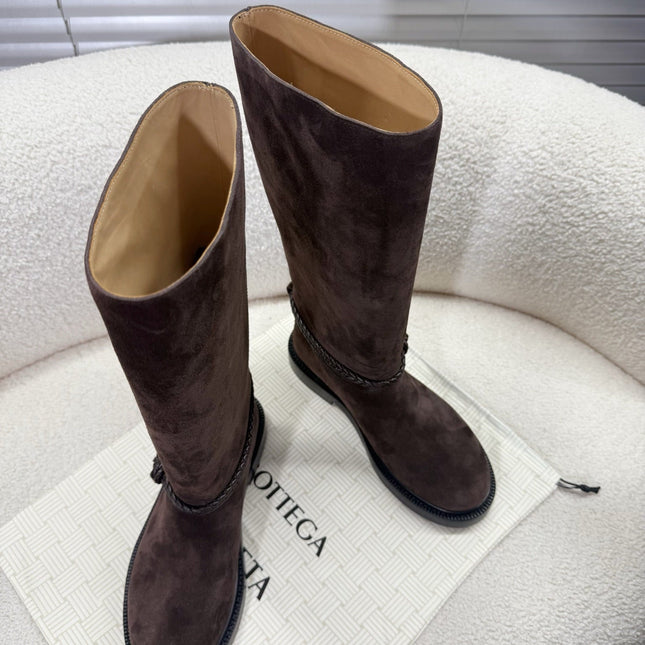 BOTTEGA VENETA 26S TALL BOOTS IN DARK BROWN SUEDE WITH ROPE DETAIL