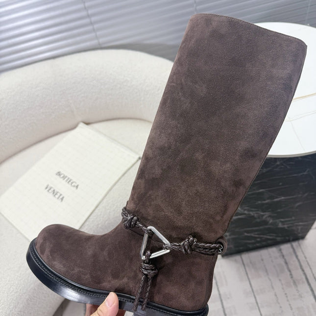 BOTTEGA VENETA 26S TALL BOOTS IN DARK BROWN SUEDE WITH ROPE DETAIL