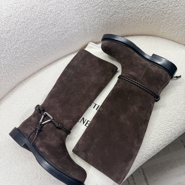 BOTTEGA VENETA 26S TALL BOOTS IN DARK BROWN SUEDE WITH ROPE DETAIL