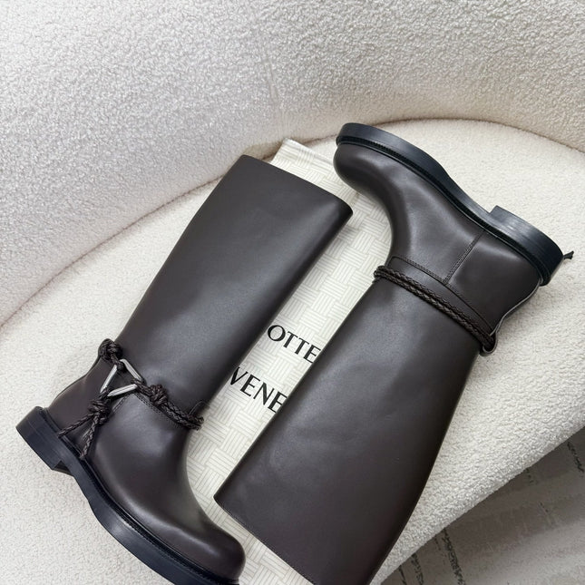 BOTTEGA VENETA 26S TALL BOOTS IN DARK BROWN CALFSKIN WITH ROPE DETAIL