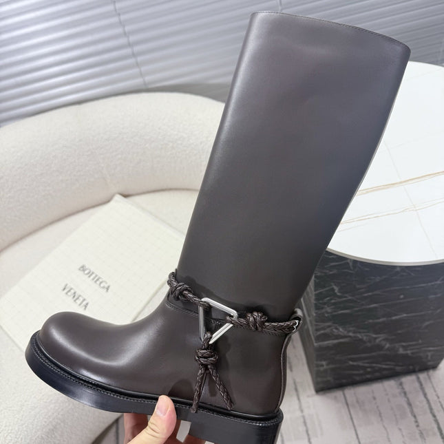 BOTTEGA VENETA 26S TALL BOOTS IN DARK BROWN CALFSKIN WITH ROPE DETAIL