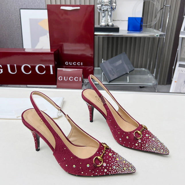 HORSEBIT SLINGBACKS IN CHERRY RED MONOGRAM FABRIC WITH CRYSTALS