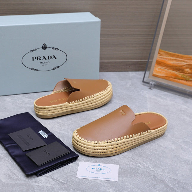 PRADA 26S MULES ESPADRILLES IN BROWN CALFSKIN