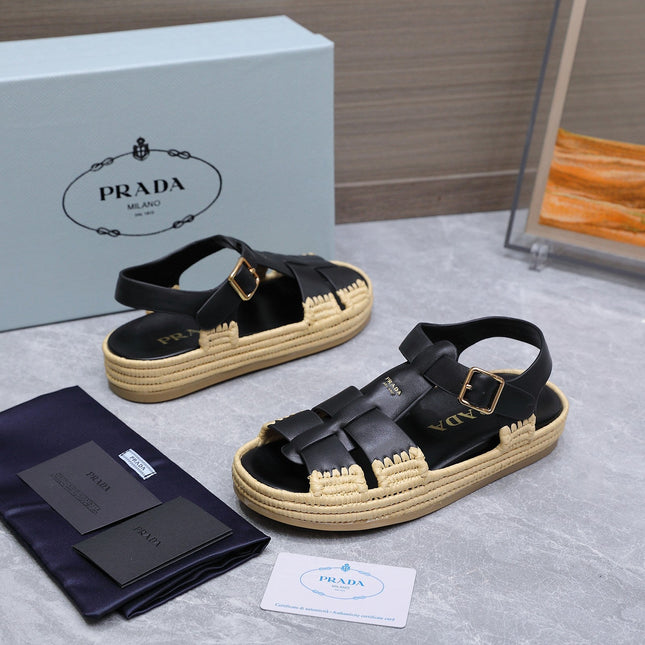 PRADA 26S SANDAL ESPADRILLES IN BLACK CALFSKIN