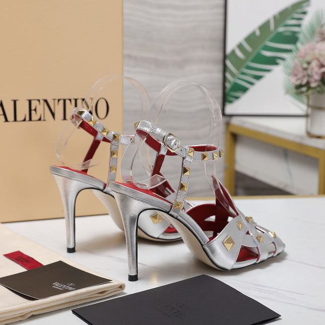VALENTINO GARAVANI 100MM ROCKSTUD EMBELLISHED SANDALS IN SLIVER METALLIC CALFSKIN