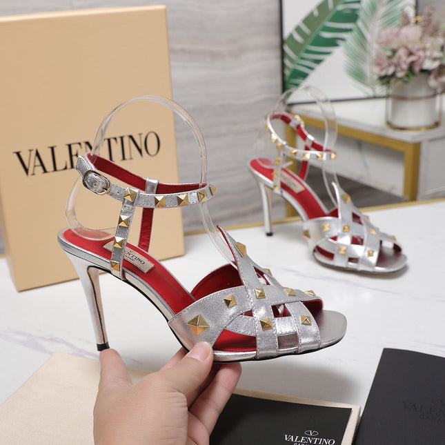 VALENTINO GARAVANI 100MM ROCKSTUD EMBELLISHED SANDALS IN SLIVER METALLIC CALFSKIN