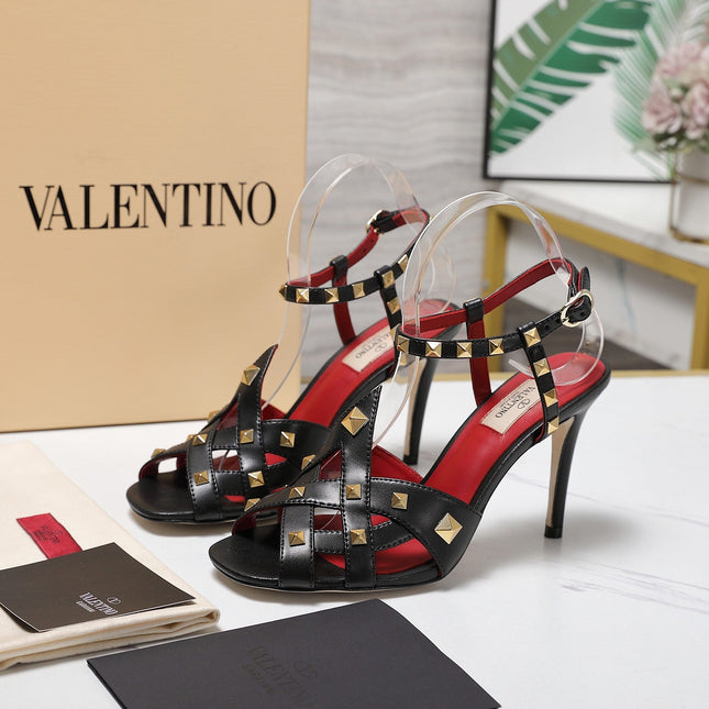 VALENTINO GARAVANI 100MM ROCKSTUD EMBELLISHED SANDALS IN BLACK CALFSKIN