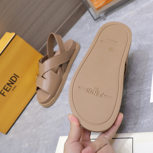 FENDI 26S FLAT SANDALS IN PALE BEIGE CALFSKIN