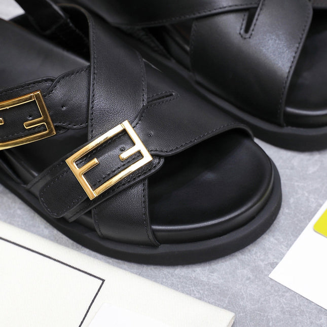 FENDI 26S FLAT SANDALS IN BLACK CALFSKIN