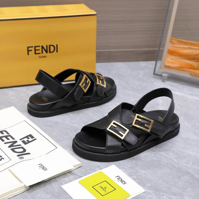 FENDI 26S FLAT SANDALS IN BLACK CALFSKIN