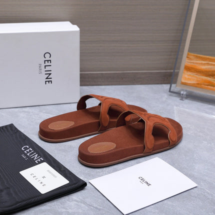 CELINE 26S TRIOMPHE SLIDES IN COGNAC BROWN SUEDE