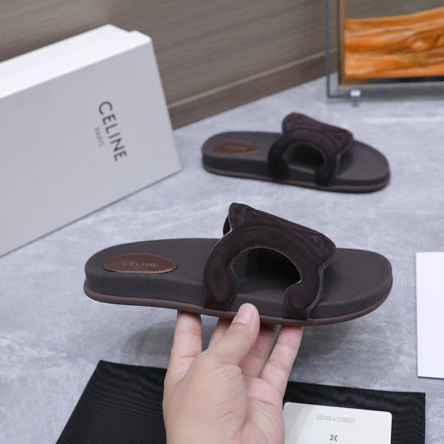 CELINE 26S TRIOMPHE SLIDES IN DARK BROWN SUEDE