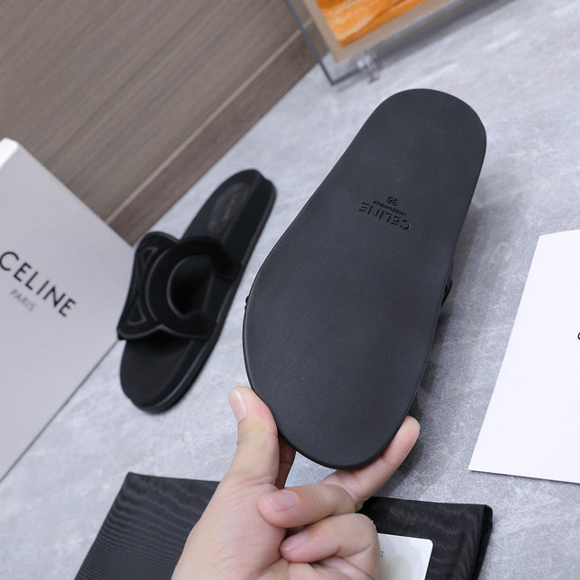 CELINE 26S TRIOMPHE SLIDES IN BLACK SUEDE