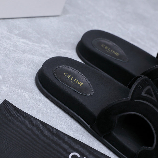 CELINE 26S TRIOMPHE SLIDES IN BLACK SUEDE