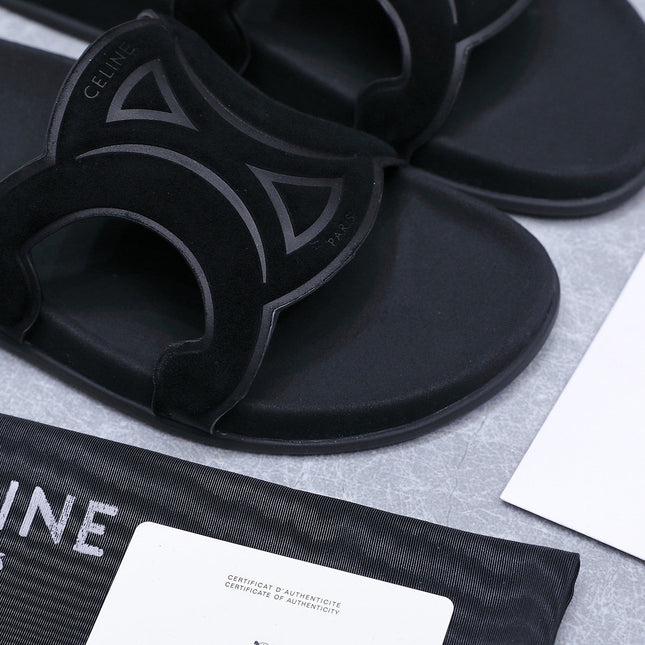 CELINE 26S TRIOMPHE SLIDES IN BLACK SUEDE