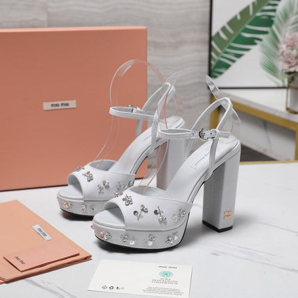MIUMIU 26S PLATFORM ANKLE STRAP SANDALS 120MM IN LIGHT GREY CANVAS CRYSTAL-EMBELLISHED