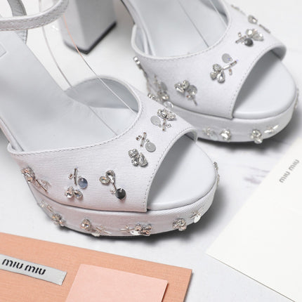 MIUMIU 26S PLATFORM ANKLE STRAP SANDALS 120MM IN LIGHT GREY CANVAS CRYSTAL-EMBELLISHED